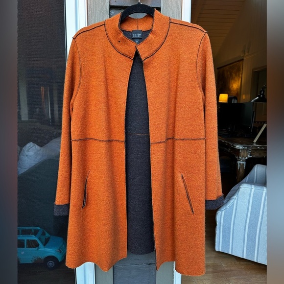 Eileen Fisher Women’s Orange Merino Wool Open Front Long Cardigan Size Medium - Picture 1 of 7